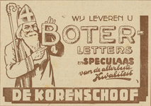 717239 Sinterklaasadvertentie voor boterletters en speculaas van Mij. De Korenschoof, bakkerij, Kaatstraat te Utrecht.